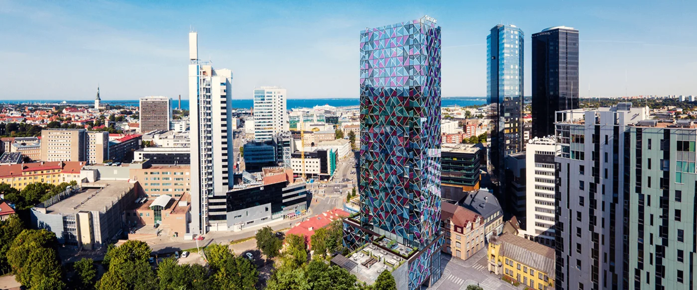 The Skyon tower, Maakri 30, seen from above with Tallinn around it